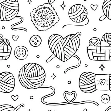 Knitting, crochet seamless pattern. Vector background with doodle illustration Illustrazione stock