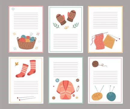 Knitting elements cards. Blank paper notes template, cozy cardigan, socks Stock Illustration