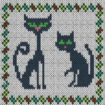 Knitting fabric pattern with two grey cats Stock Illustration