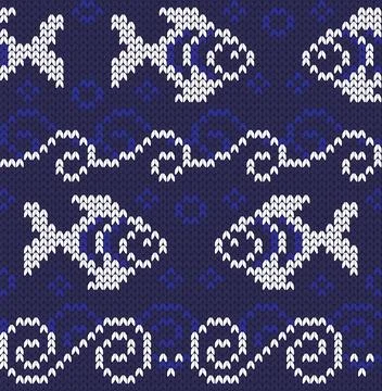Knitting fish and waves seamless pattern. Marine vector illustration. 스톡 일러스트