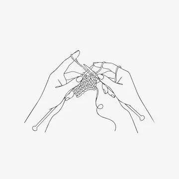 Knitting hands with yarn and needles, line art illustration Silhouette Stock Illustration