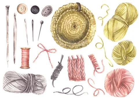 Knitting hobby, needlework set. Skeins of yarn, needles, buttons, crochet Stock Illustration