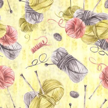 Knitting hobby seamless pattern. Skeins of yarn on watercolor herringbone Stock Illustration