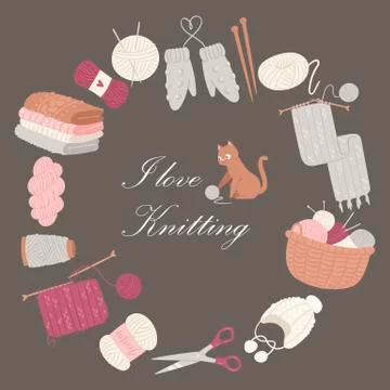 Knitting I love vector poster. Collection of knitted clothes and knit tools Stock Illustration