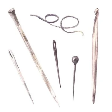 Knitting needle, crochet hook, needle, sewing pin, thread. Watercolor handicraft Illustrazione stock