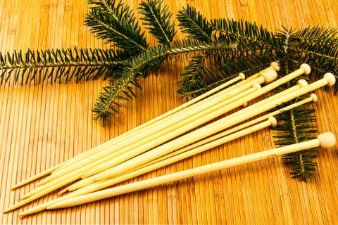 Knitting needles and yew branch Stock Photos