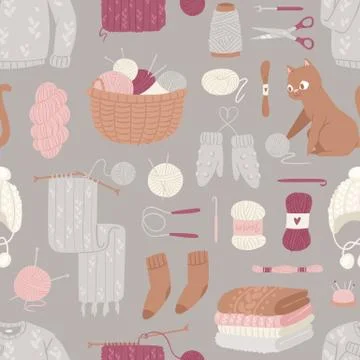 Knitting needles vector wool knitwear or knitted woolen sweater and kitten with Stockillustratie