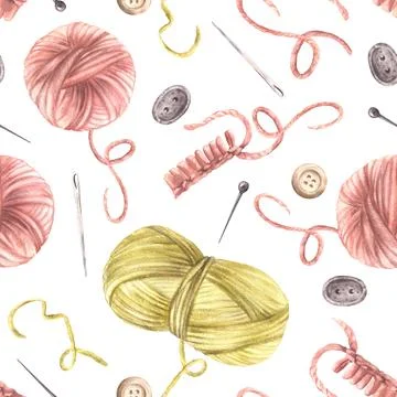 Knitting, needlework seamless pattern. Skeins of yarn, needles, buttons Stock Illustration