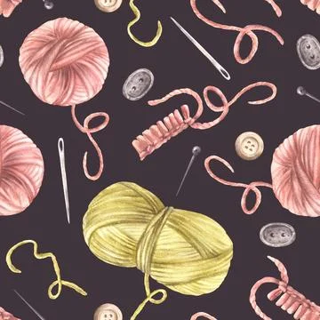 Knitting, needlework seamless pattern. Skeins of yarn, needles, buttons Stock Illustration