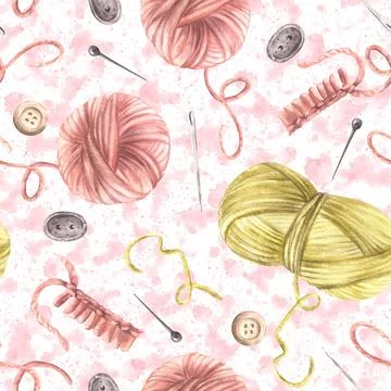 Knitting, needlework seamless pattern. Skeins of yarn, needles, buttons Stock Illustration