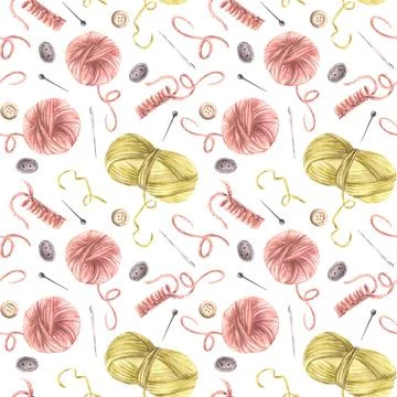 Knitting, needlework seamless pattern. Skeins of yarn, needles, buttons Stock Illustration