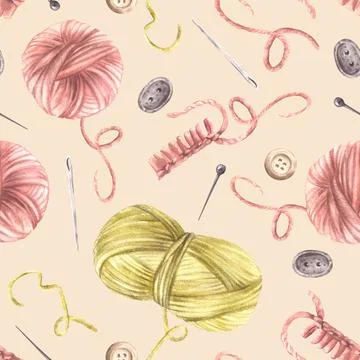 Knitting, needlework seamless pattern. Skeins of yarn, needles, buttons Stock Illustration