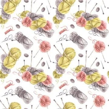 Knitting, needlework seamless pattern. Skeins of yarn, needles, buttons Stock Illustration