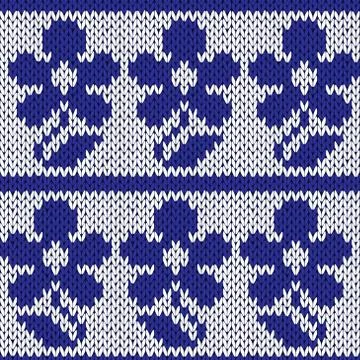 Knitting ornate seamless colourful pattern with dark blue flowers Stock Illustration