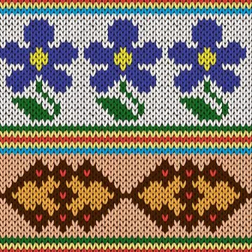 Knitting ornate seamless colourful pattern with blue flowers Stock Illustration
