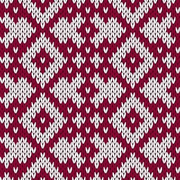Knitting ornate seamless pattern in dark red and white colors Illustrazione stock