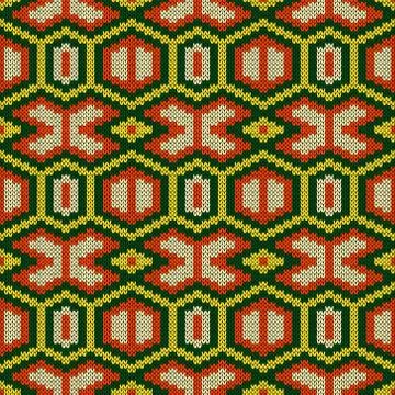 Knitting ornate seamless pattern in green, yellow and orange colors Stock Illustration
