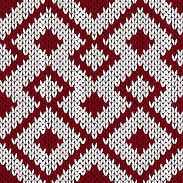 Knitting ornate seamless pattern in muted dark red and white colors Stockillustratie