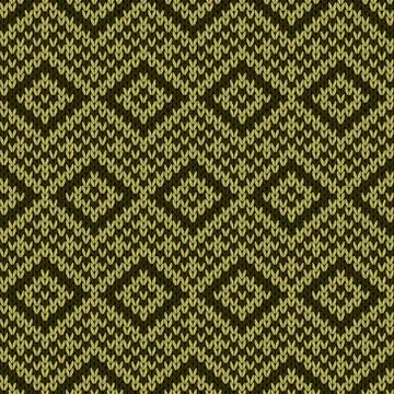 Knitting ornate seamless pattern in muted green and khaki colors Stock Illustration