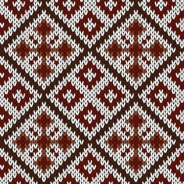 Knitting ornate seamless pattern in white, red and brown hues Stock Illustration