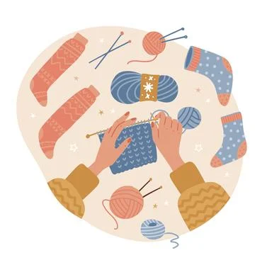 Knitting process, top view on two female hands holding needles. Yarn and balls Illustrazione stock