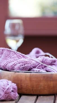 Knitting project of knitting women's pink sweater in progress. 스톡 사진