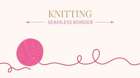 Knitting seamless border vector illustration. Pink yarn ball with long thread Stock Illustration