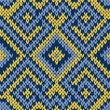 Knitting seamless pattern in blue and yellow Stock Illustration