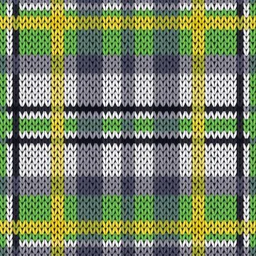 Knitting seamless pattern in green, white, yellow and grey hues Illustrazione stock