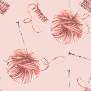 Knitting seamless pattern. Pink Yarn Ball with Knitting Needles. Watercolor hand Stock Illustration