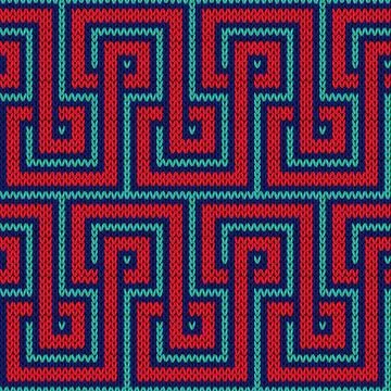 Knitting seamless pattern in red and blue hues Illustrazione stock