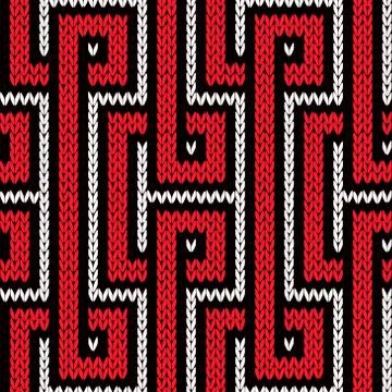 Knitting seamless pattern in red, white and black 스톡 일러스트