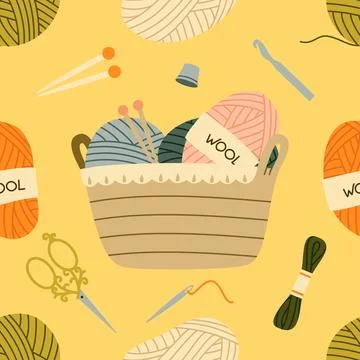 Knitting seamless pattern with wool basket vector Ilustración de archivo