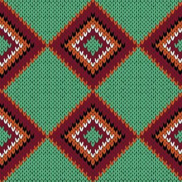 Knitting seamless quadrate pattern in warm colors over green Stock Illustration