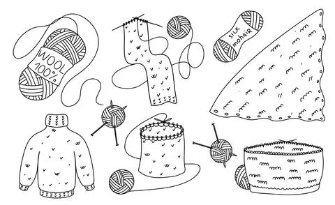 Knitting set in hand drawn doodle style. Vector illustration isolated on wh.. Stock Illustration