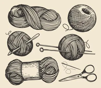 Knitting set sketch. Clews, skeins wool, ball yarn with needles. Tools for Stock Illustration