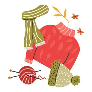 Knitting set of woolen clothes and autumn leaves and flowers. Illustrazione stock