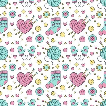 Knitting, sewing seamless pattern. Cute vector flat line illustration of hand Stock Illustration