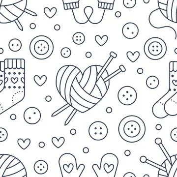 Knitting, sewing seamless pattern. Cute vector flat line illustration of hand Illustrazione stock