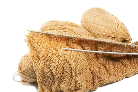 Knitting spokes with ball of wool on table close up Stock Photos