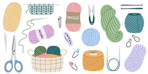 Knitting supplies set, colored flat clip art Illustrazione stock