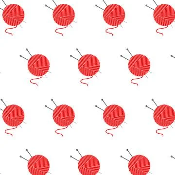 Knitting-themed seamless pattern with red yarn balls and needles. Perfect f.. Stock Illustration