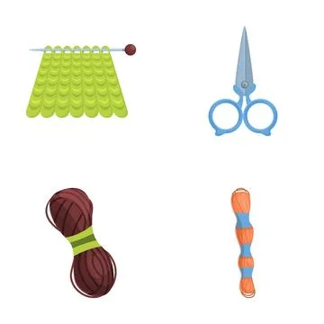 Knitting thread icons set cartoon vector. Various colorful yarn and scissors Illustrazione stock