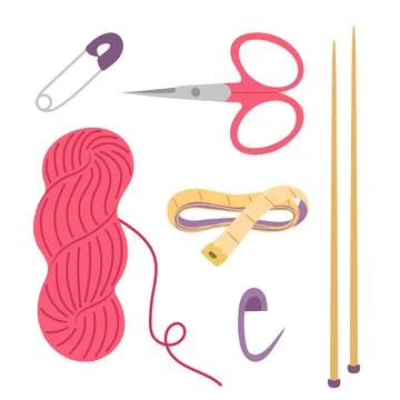 Knitting tools and supplies vector illustration set. Vibrant pink wool yarn Illustrazione stock