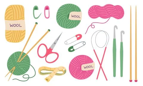 Knitting tools and supplies vector illustration set. Colorful wool yarn Illustrazione stock
