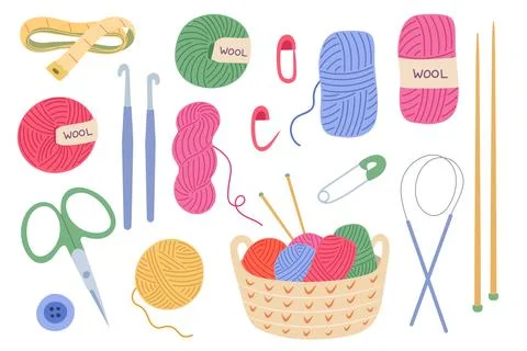 Knitting tools and supplies vector illustration set. Colorful wool yarn balls Illustrazione stock