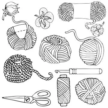 Knitting tools and wool yarn set .Isolated on light background. Stock Illustration