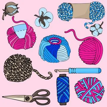 Knitting tools and wool yarn set .Isolated on light background. Stock Illustration