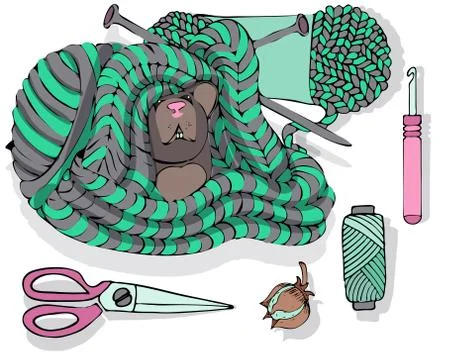 Knitting tools and wool yarn set .Isolated on light background. Stock Illustration