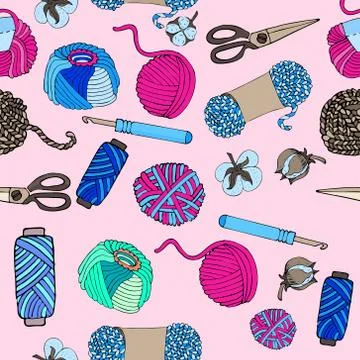 Knitting tools and wool yarn set .Isolated on light background. Stock Illustration